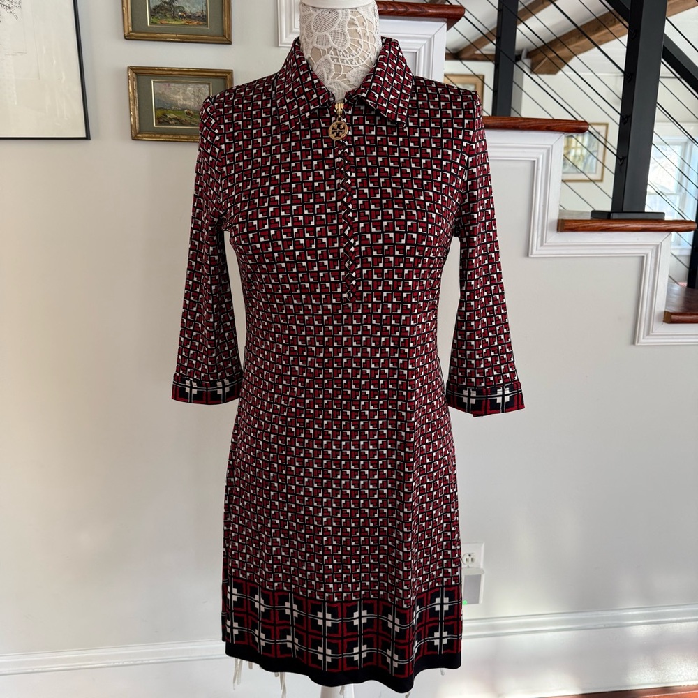 TORY BURCH Red and Black Geometric Long Sleeve Silk Dress Small - Picture 2 of 6